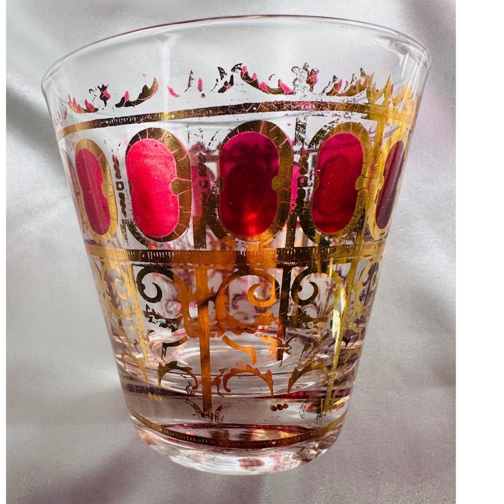 Culver Cranberry Scroll 22KT Gold Flared Rocks Whiskey Lowball Glasses 4 MCM - Picture 7 of 13